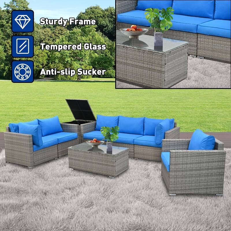 8-Pieces Wicker Outdoor Sectional Set with Glass Coffee Table and Cushions