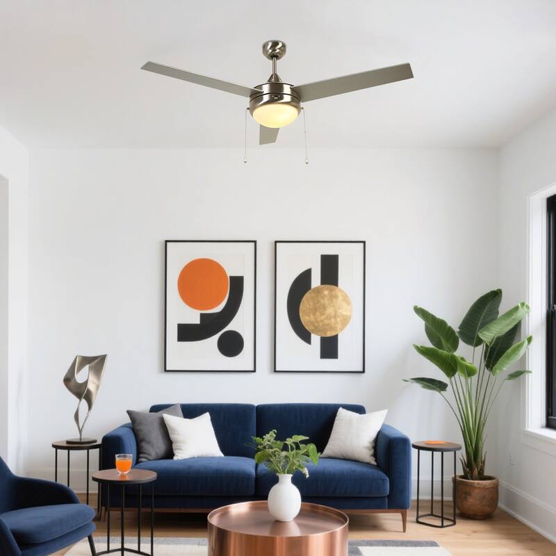 52" Modern Silver Indoor Flush Mount Ceiling Fan with Light - 52" Dia × 17.7" H