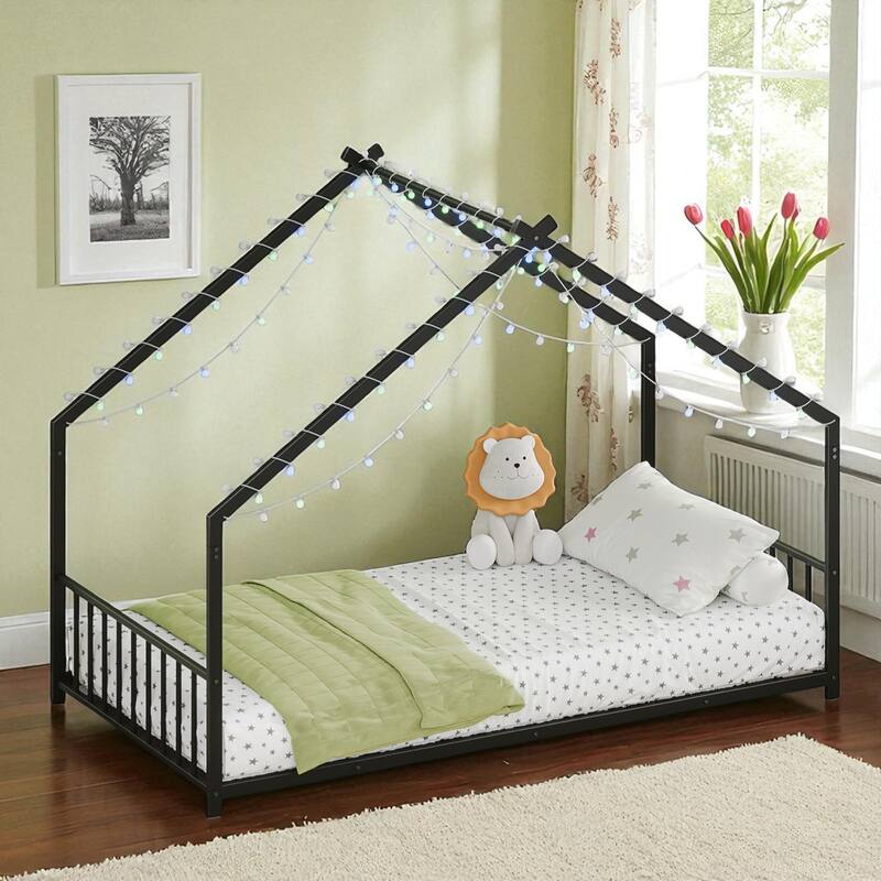 Twin/Full Size Kids Roof-Shaped Metal Bed Frame with Colorful LED Lights, Low Profile Design, 350 lb Capacity - Black - Twin