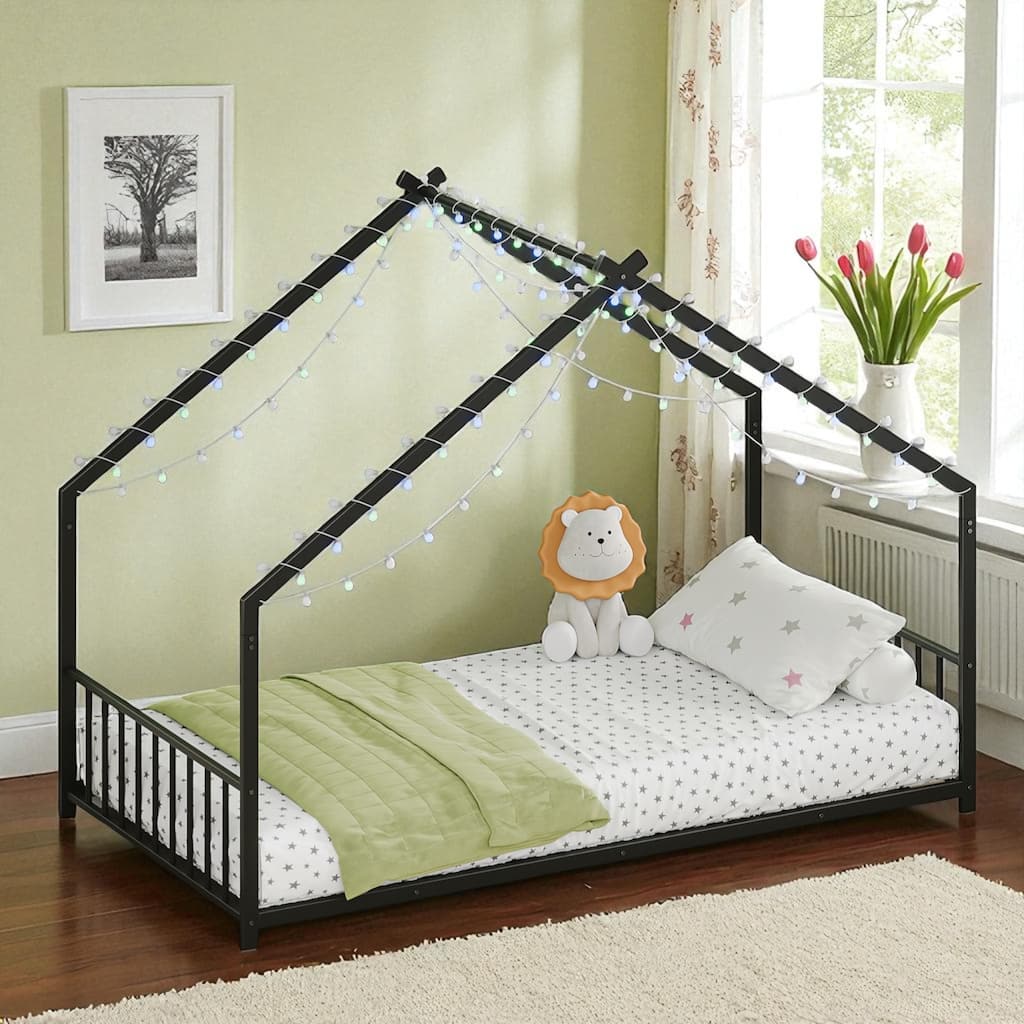Twin/Full Size Kids Roof-Shaped Metal Bed Frame with Colorful LED Lights, Low Profile Design, 350 lb Capacity