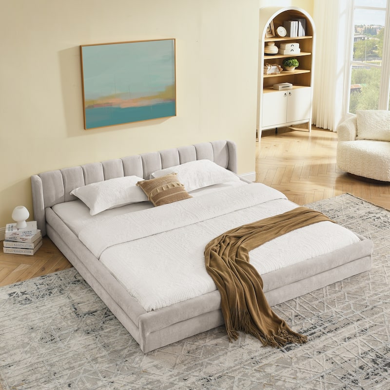 King Size Upholstered Bed Frame with Thick Fabric - Beige