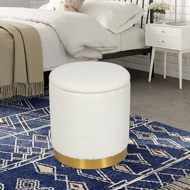 Adeco Velvet Round Storage Stool Gold Plating Base Storage Ottoman