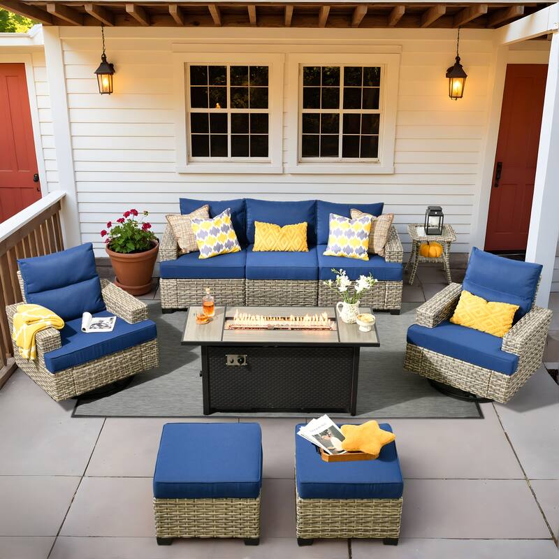 HOOOWOOO 9-piece Outdoor Wicker Furniture Swivel Rocking Chair Set with Fire Pit Table - NavyBlue