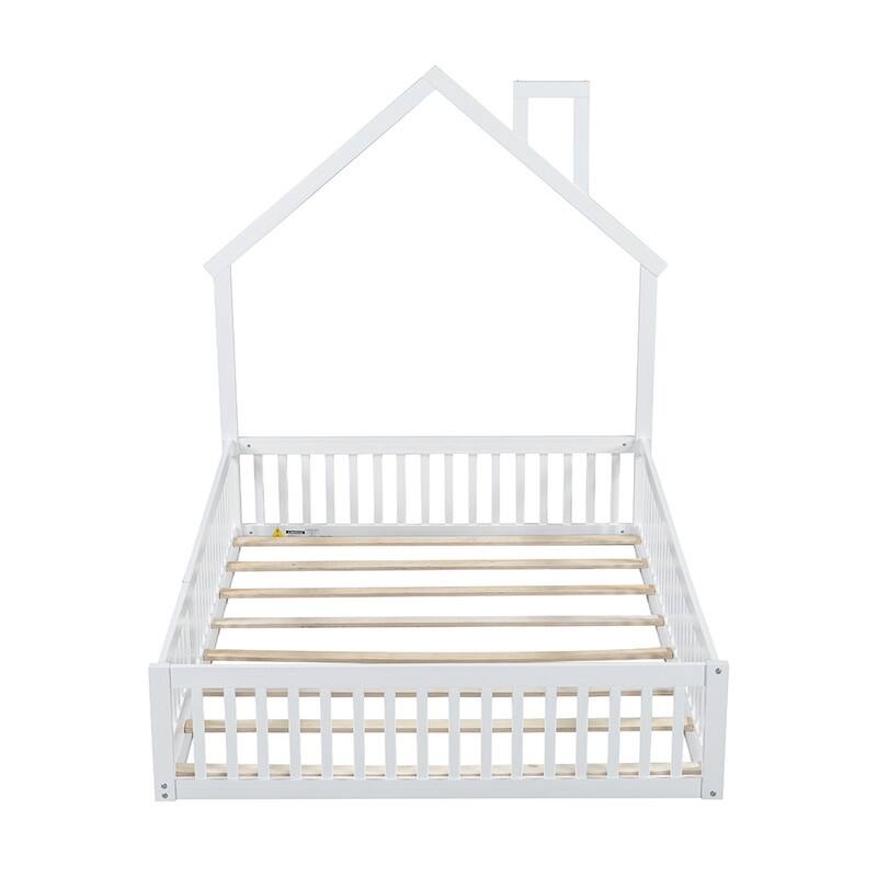 Full Size Montessori Floor Bed with Door and Safety Guardrails, Wood House-Shape Headboard House Floor Bed with Fence for Kids