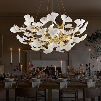 KAYLA Modern Gold Tree Branch Ginkgo Leaf Chandelier - 55" Rectangle Ceramic & Aluminum Design