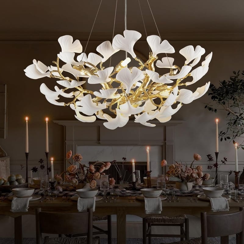 KAYLA Modern Gold Tree Branch Ginkgo Leaf Chandelier - 55" Rectangle Ceramic & Aluminum Design