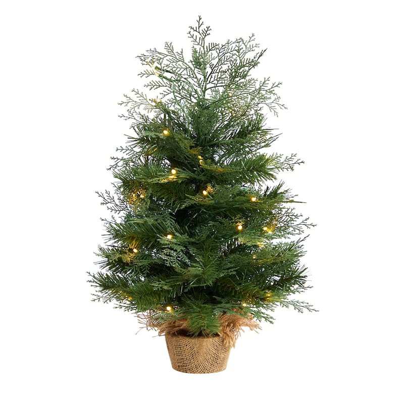 2ft. Artificial Christmas Tree in Burlap Base with 35 Warm White LED Lights - Petite Rustic Holiday X-Mas Decoration