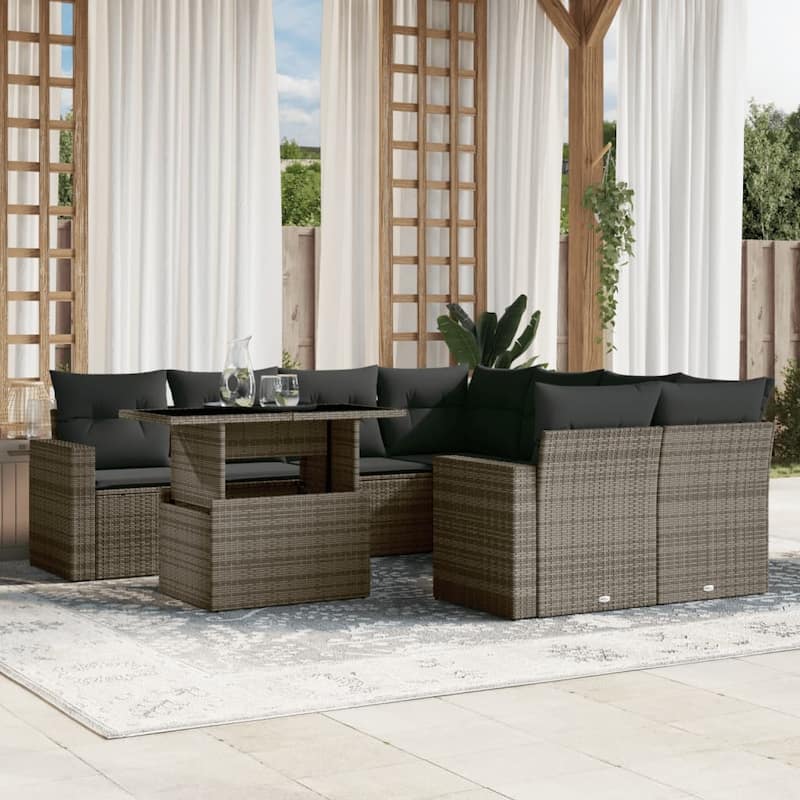 vidaXL Patio Sofa Set with Cushions Outdoor Furniture 9 Piece Poly Rattan - Gray - 21.7 x 39.4 x 27.2 in