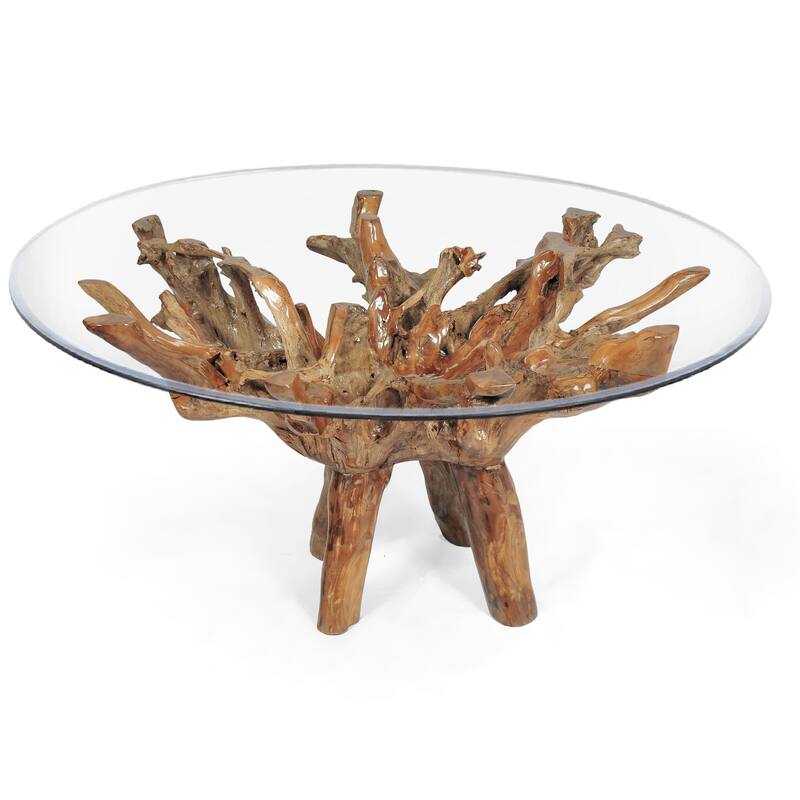 Chic Teak Rustic Teak Wood Root Dining Table Including a 63 Inch Round Glass Top