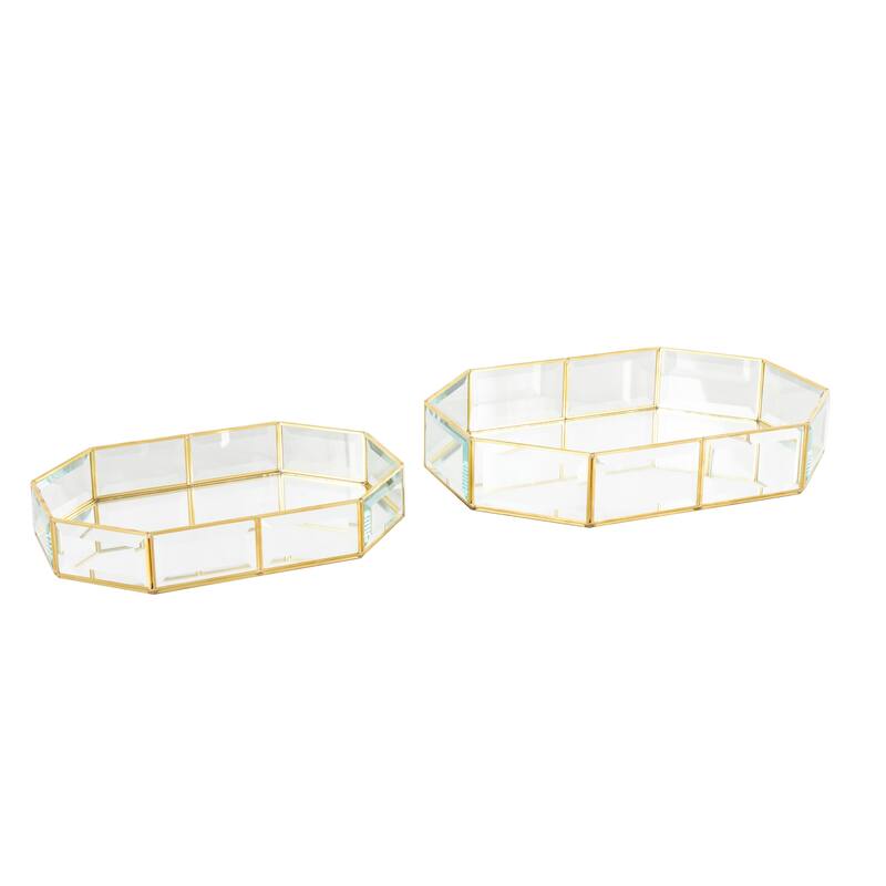 Clear Glass Beveled Wide Octagon Decorative Jewelry Box with Gold Metal Frame (Set of 2)