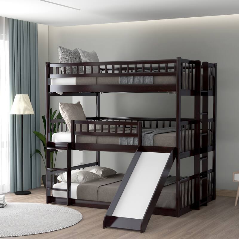 Roomfitters Full Over Full Over Full Triple Bunk Bed with Built-in Ladders, Convertible Slide, and Guardrails