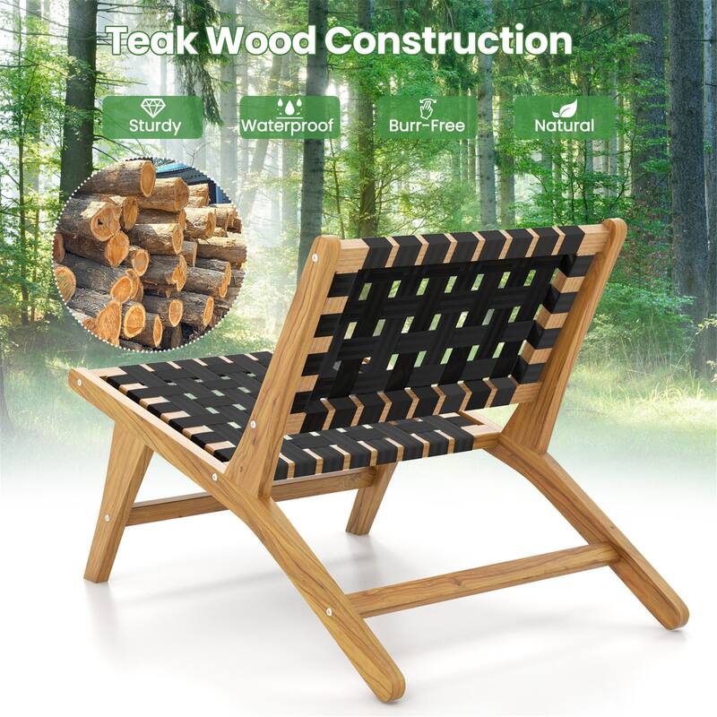 Gymax Teak Wooden Chair w/ Woven Webbing Seat & Backrest for Patio Mid