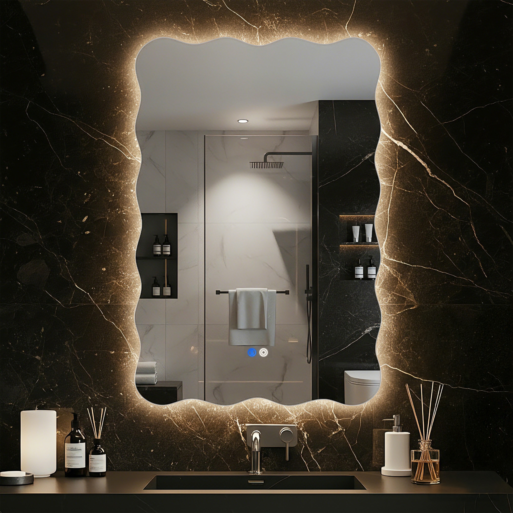 Wavy Frameless LED Lighted Anti-fog Dimmable Irregular Wall Mirror