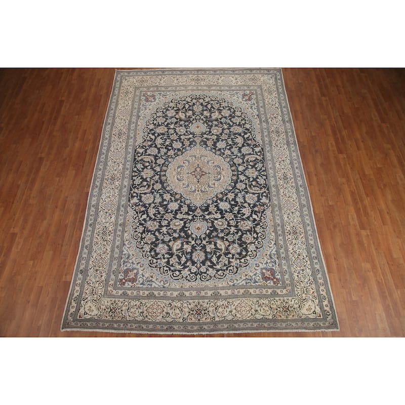 Hand Knotted Oriental 100% Wool Carpet Traditional Floral Black Nain Area Rug - 11' 9'' X 7' 11''
