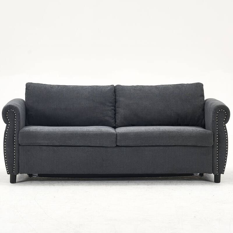 63" Polyester 3-Seater Sleeper Sofa with Pull-Out Mattress and Retro Rivet Armrests