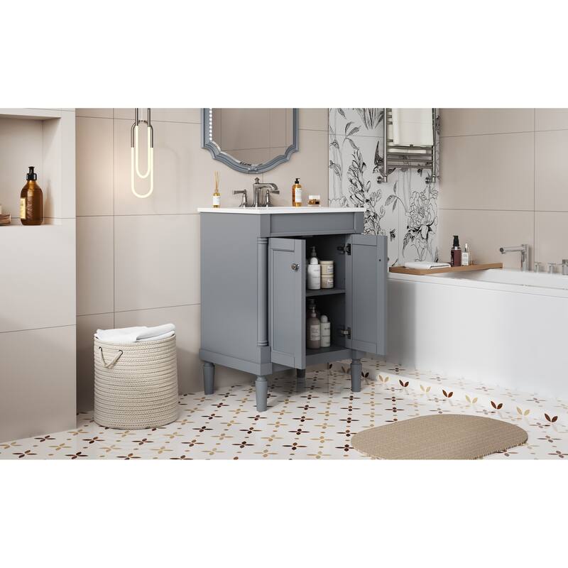 Bathroom Vanity with Sink, Wood Bathroom Storage Cabinet, Small Bathroom Vanity with 2 Soft Closing Doors & Storage Shelves聽
