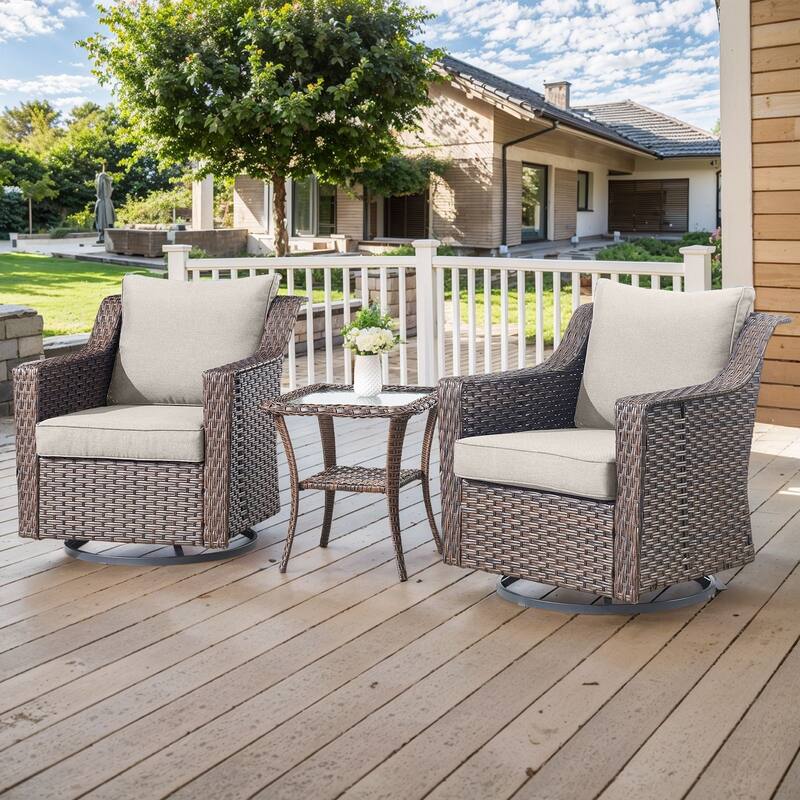 Pocassy All-Weather Rattan Patio Funiture Set - Brown Wicker / Beige Cushion - 3-Piece Swivel Chair with Side Table