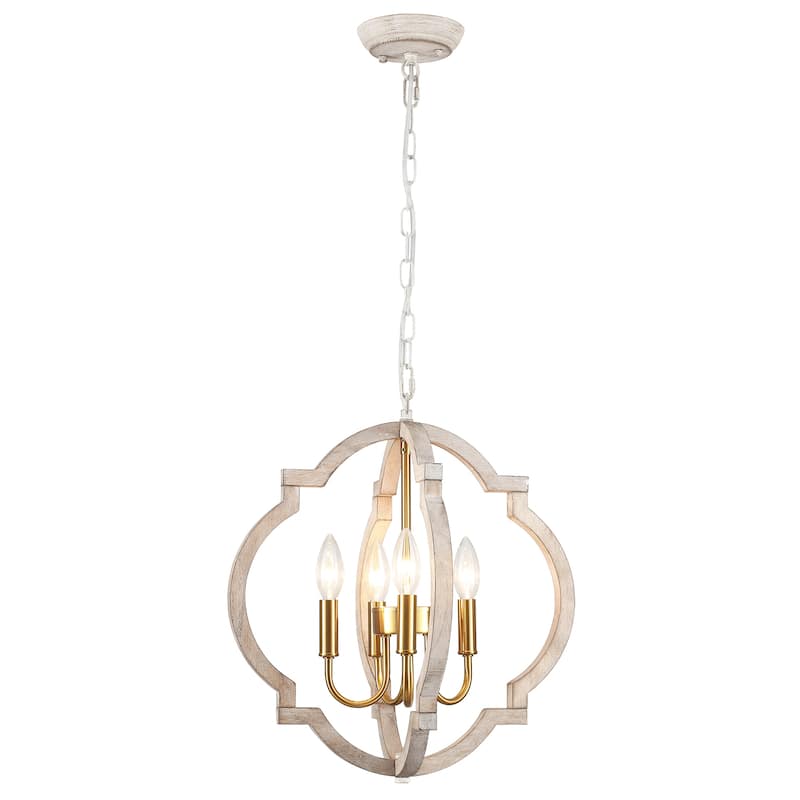 4-Light 16.33"W Wooden Lantern Rustic Chandeliers for Dining Room Kitchen