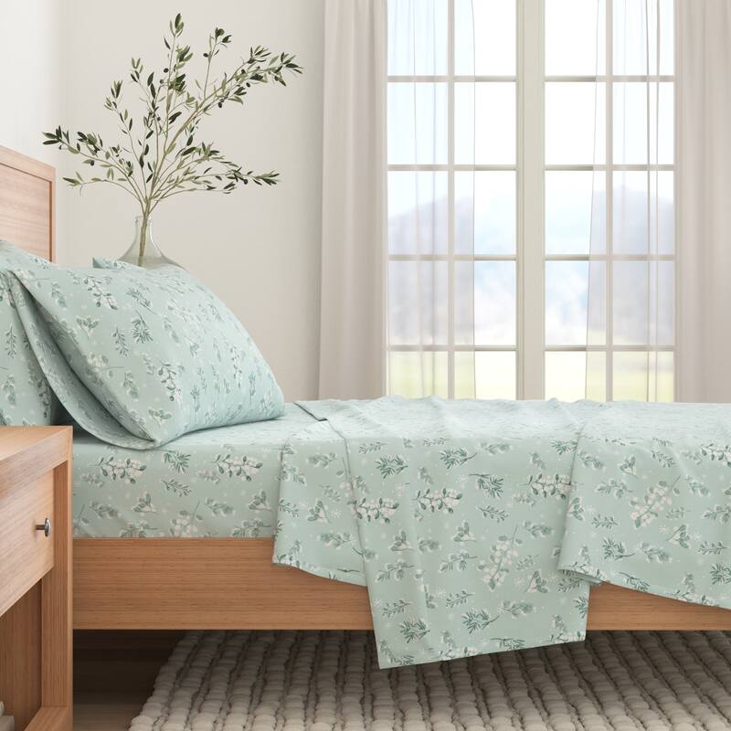 Linery & Co. Turkish Cotton Double-Brushed Printed Flannel Bed Sheet Set - Twin - Snowy Botanical