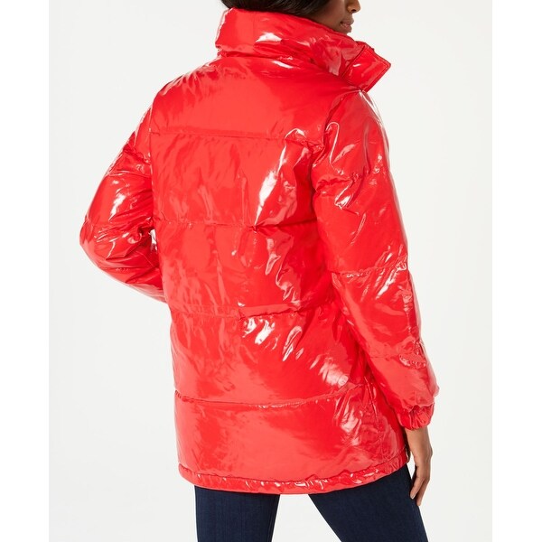 red glossy puffer jacket
