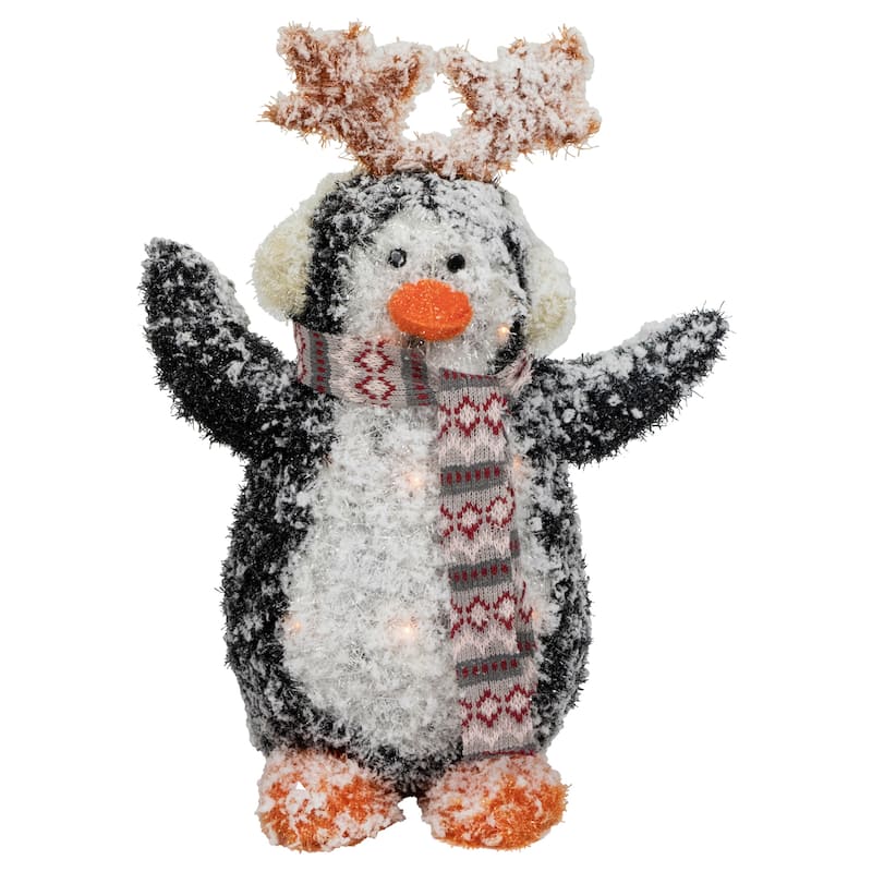 Lighted Snowy Penguin in Antler Hat Outdoor Christmas Decoration - 22" - Warm White - Black