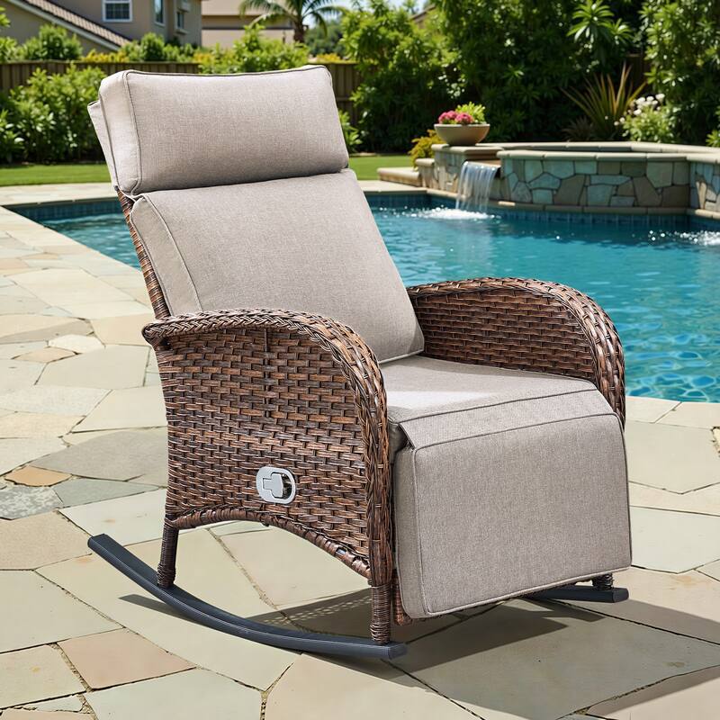 Pocassy Outdoor Patio Rocking Lounge Chairs with Adjustable Backrest Set. - Brown Wicker with Beige Cushion - 1 Piece Rocker Recliner Chair