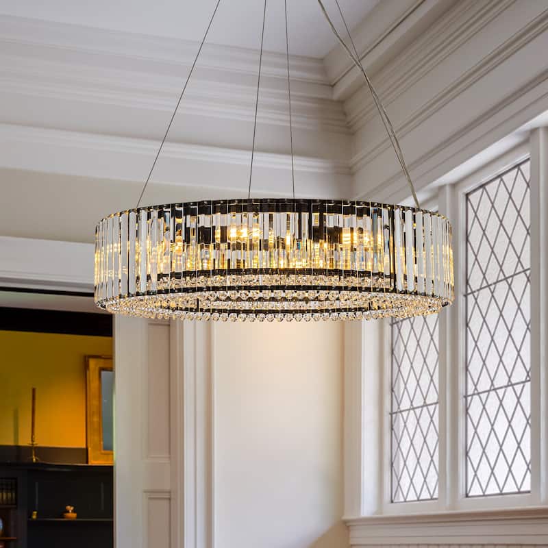 OYIPRO 6/8/12-Light Modern Round Crystal Chandelier Drum Shape Pendant Light for Kitchen Island - 8-Light 26 inches - Black