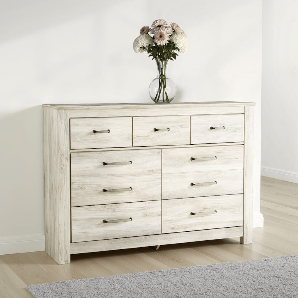 Simon Wide Dresser, 7 Drawers, Laminate Rustic Gray Whitewash Finish