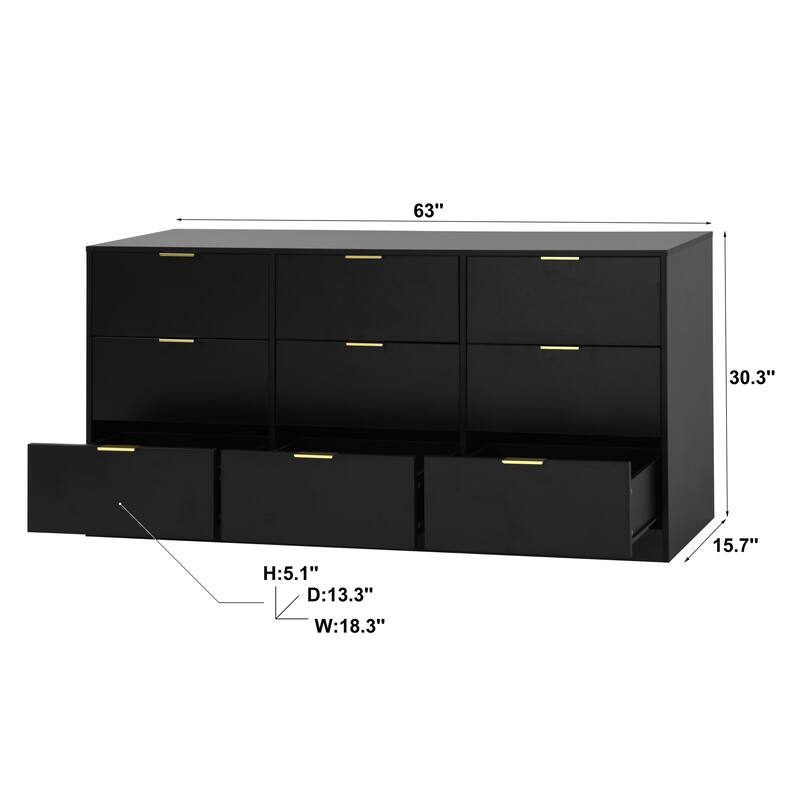 9 Drawer Dresser, 63" Large Deep Chest of Drawers, Wooden Dresser Storage Cabinet with 9 Drawers