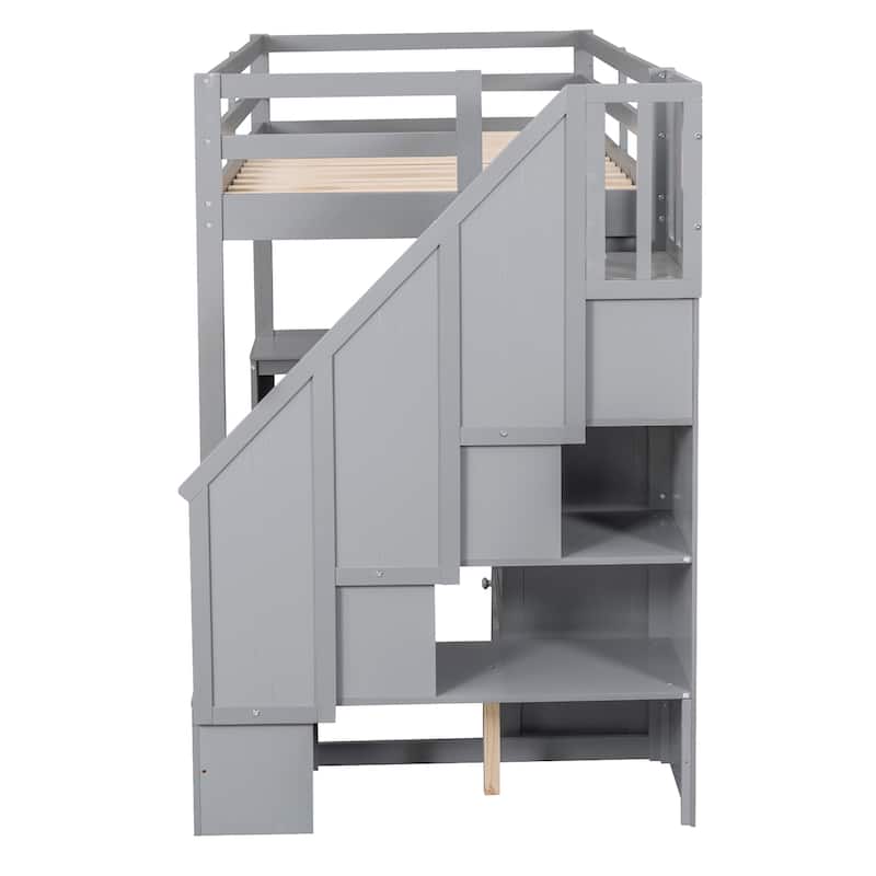 Twin Size Loft Bed with L-Shaped Desk, 3 Drawers, Cabinet & Storage Staircase, Full-Length Guardrail for Top Bunk