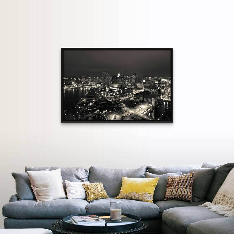 "Buildings near a harbor, Inner Harbor, Baltimore, Maryland" Black Float Frame Canvas Art - Multi - 48 x 32