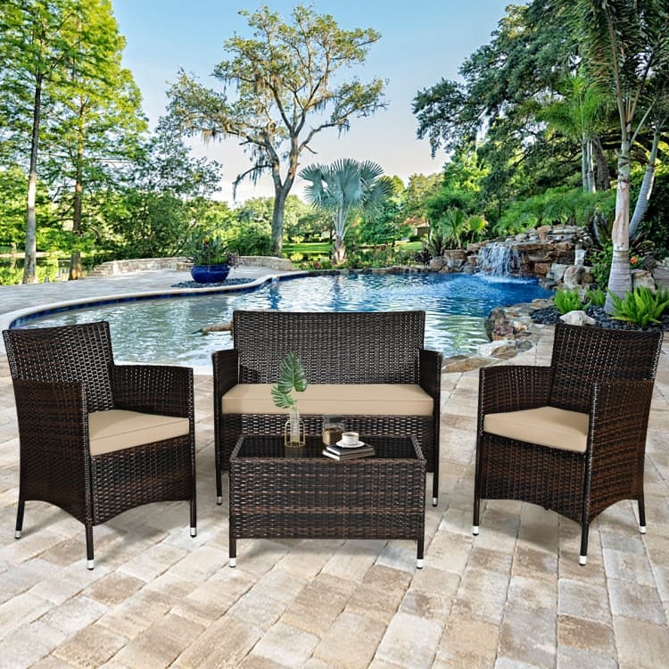 Rattan Patio Conversation Furniture Set with Glass Table and Comfortable Sofa - 4 Pcs