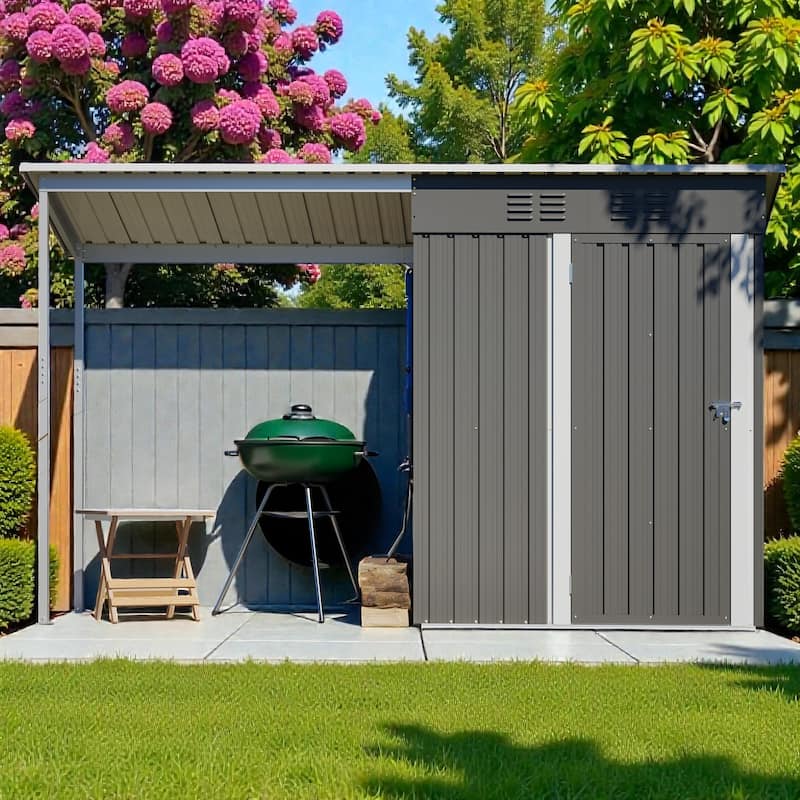 5x3 FT Galvanized Steel Shed and Gazebo Combo, Lean-To Storage Shed with Pergola for Backyard