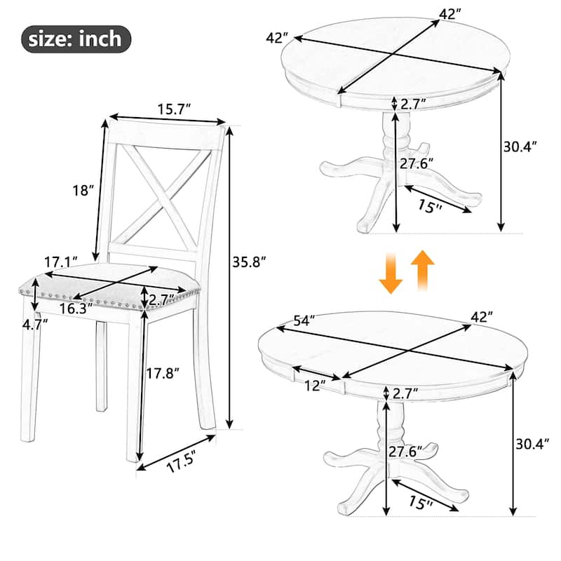 5 Piece Wood Dining Table Set, Kitchen Dining Table Set with Extendable Round Dining Table and 4 Chairs with Backrest