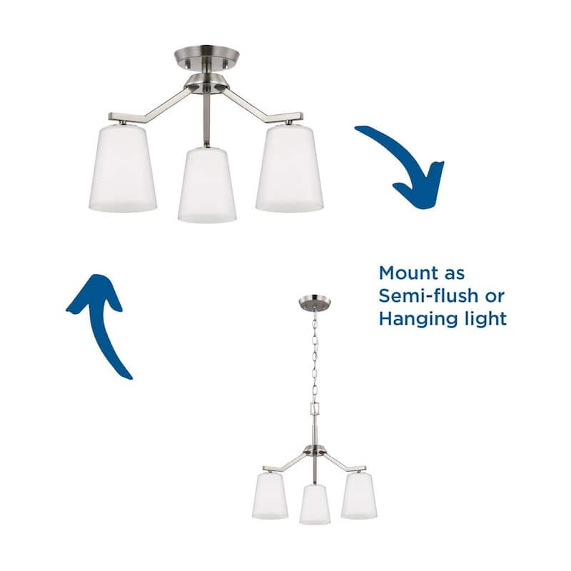 Vertex Collection Three-Light Brushed Nickel Etched White Contemporary Convertible Chandelier - 18 in x 18 in x 16.75 in
