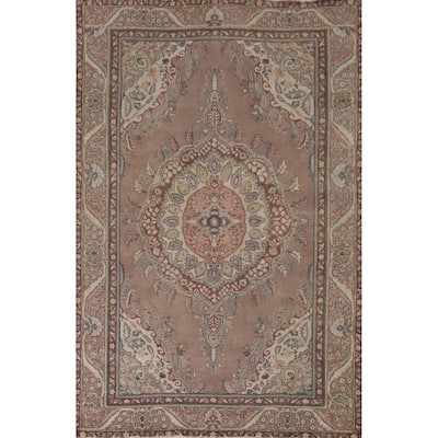 Brown Tabriz Persian Vintage Rug Hand-Knotted Wool Carpet - 6'6"x 9'6"