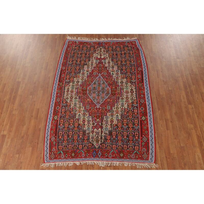 Geometric Kilim Senneh Persian Vintage Area Rug Flatweave Wool Carpet - 5'6" x 8'2"
