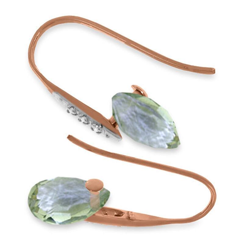 14K Solid Gold Fish Hook Earrings w/ Diamonds & Green Amethyst