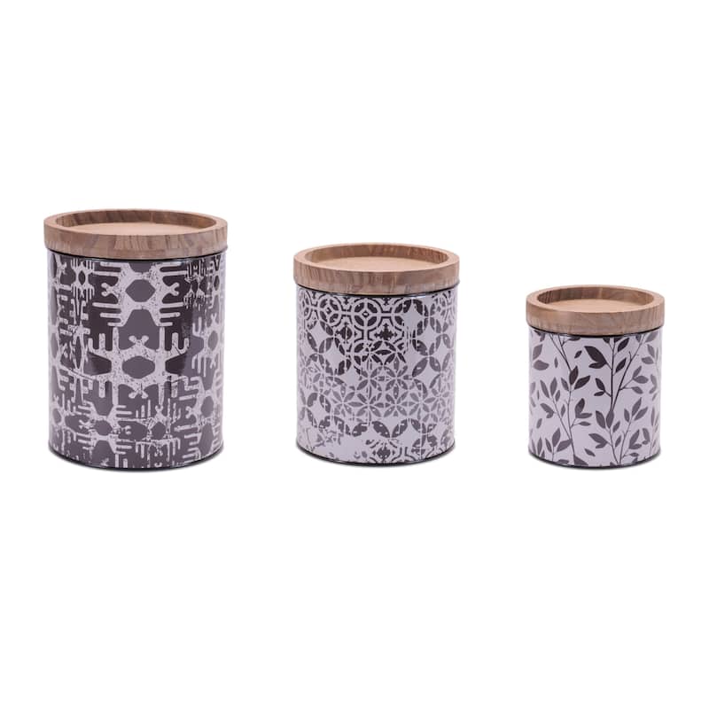 Metal Patterned Canister with Natural Wood Lid (Set of 3)