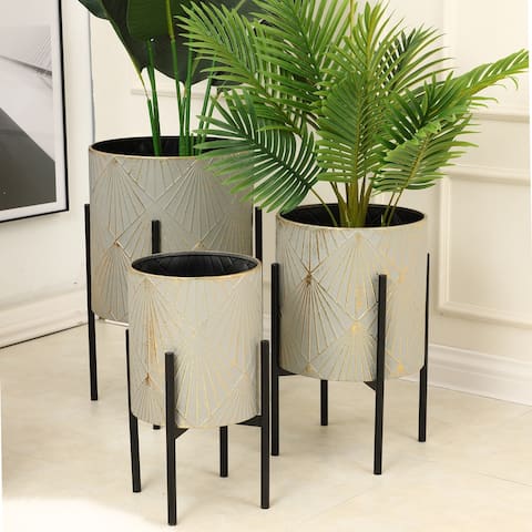 Grey and Gold Metal Planters with Black Stand (Set of 3)
