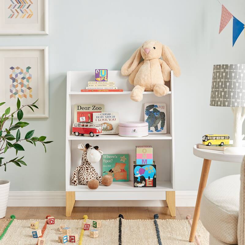 Danya B. Steiner White 3-Tier Kids Book or Toy Figure Display Unit Freestanding Bookshelf with Contrasting Wood-Toned Legs