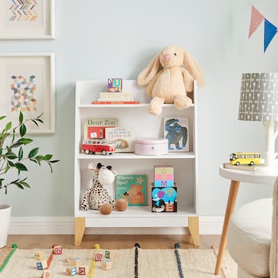 Danya B. Steiner White 3-Tier Kids Book or Toy Figure Display Unit Freestanding Bookshelf with Contrasting Wood-Toned Legs