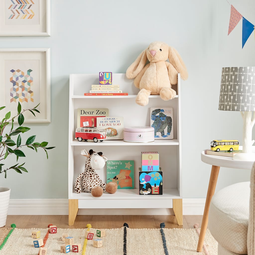 Danya B. Steiner White 3-Tier Kids Book or Toy Figure Display Unit Freestanding Bookshelf with Contrasting Wood-Toned Legs