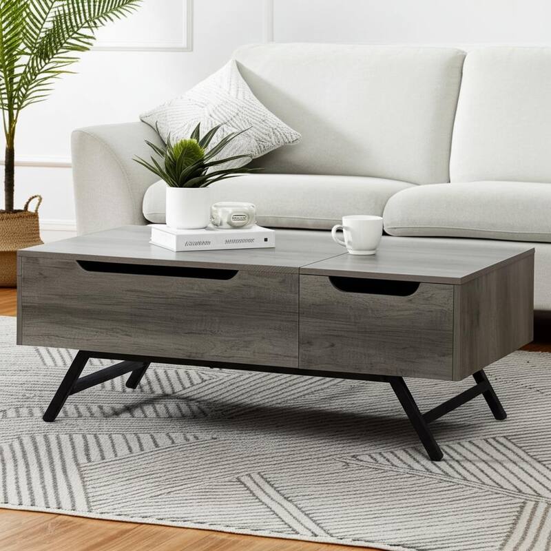 HomeRoots 48" Gray Oak and Black Wood and Steel Lift Top Coffee Table With Drawer - 48.00 in. x 24.00 in. x 23.00 in. - Oak/Gray