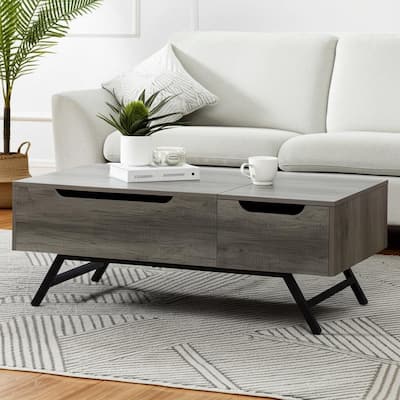 HomeRoots 48" Gray Oak and Black Wood and Steel Lift Top Coffee Table With Drawer - 48.00 in. x 24.00 in. x 23.00 in.