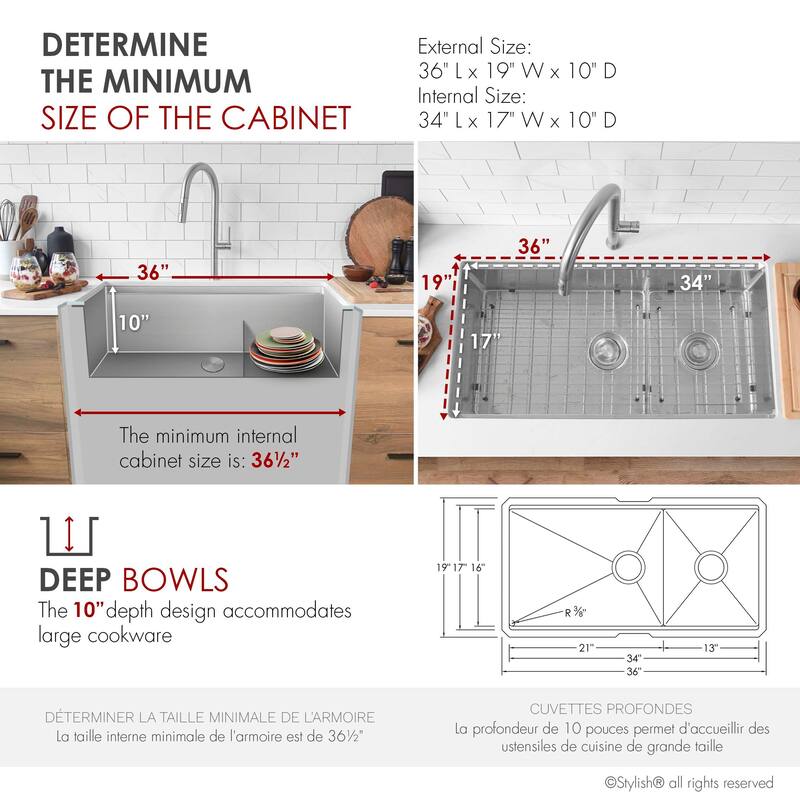 Stylish Versa36 Undermount 36" Double-Bowl Workstation Kitchen Sink - 36"x19"x10"