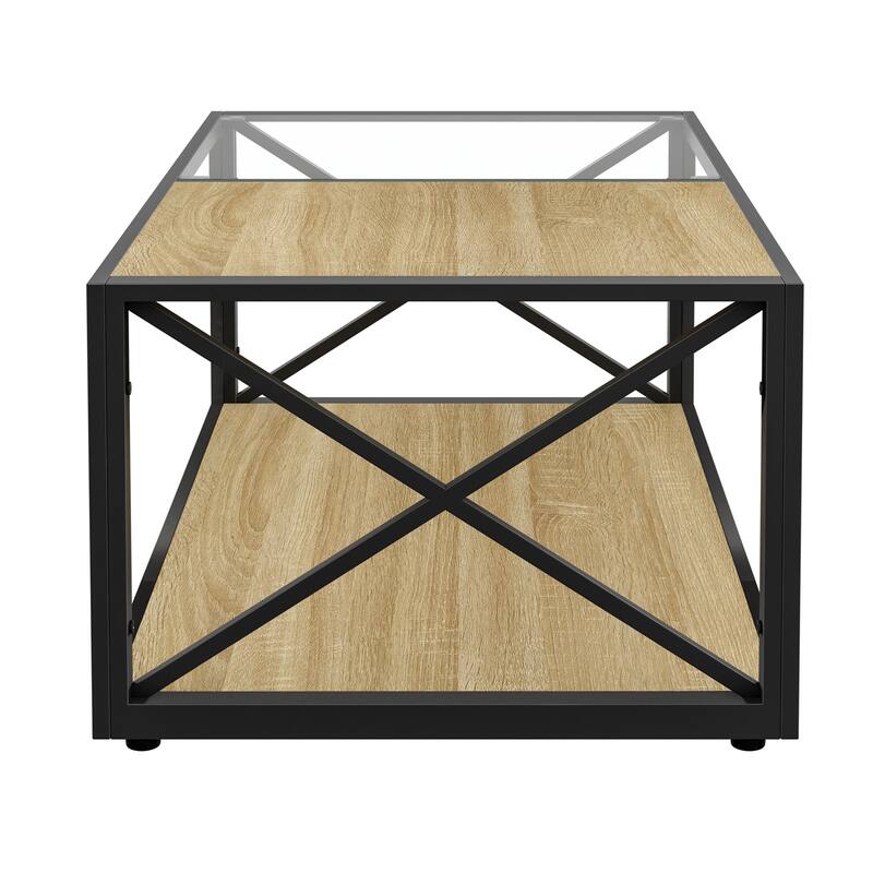 Modern Coffee Table For,Tempered Glass&Natural Wood Mdf Top,Industrial Style Coffee Table
