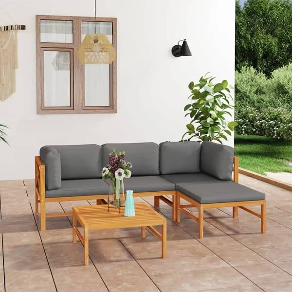 slide 2 of 9, vidaXL 5 Piece Patio Lounge Set with Gray Cushions Solid Teak Wood - 25" x 25" x 24.6" Grey
