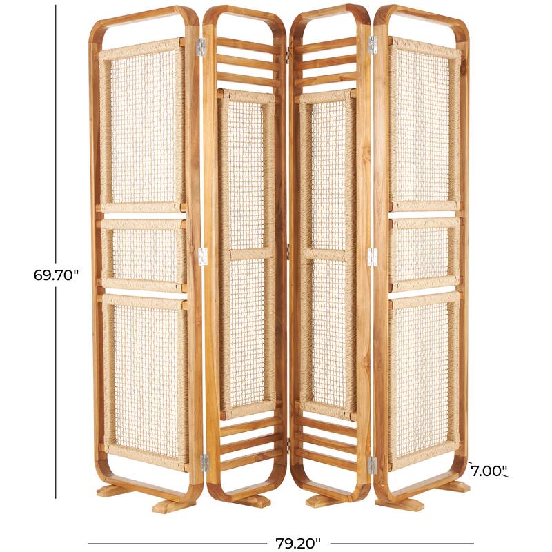 Teak Wood Handmade Foldable Partition 4 Panel Room Divider Screen with Woven Rattan Panels - Brown - Roche River Decor