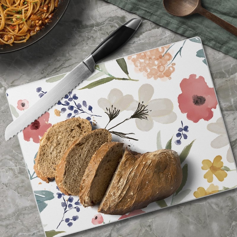 Meadow Floral 3mm Heat Tolerant Tempered Glass Cutting Board 10” x 8” Manufactured in the USA Dishwasher Safe